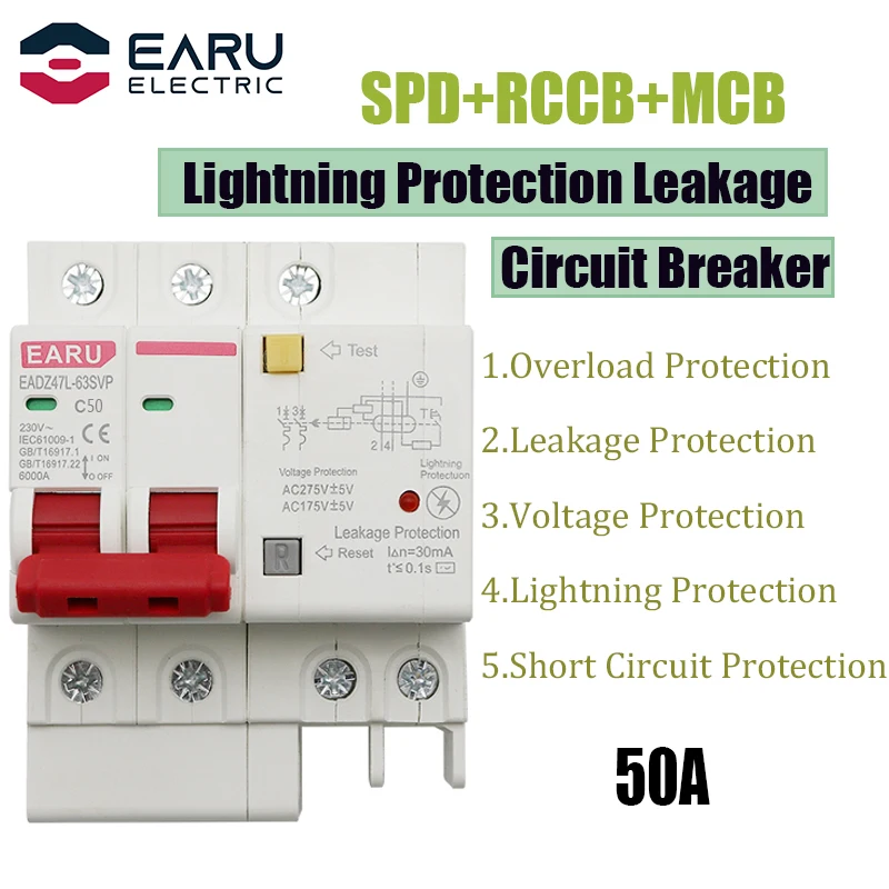 

50A 2P SPD Residual Current Circuit Breaker With Overload Overvoltage RCBO RCCB With Lightning Protection MCB Leakage Protector