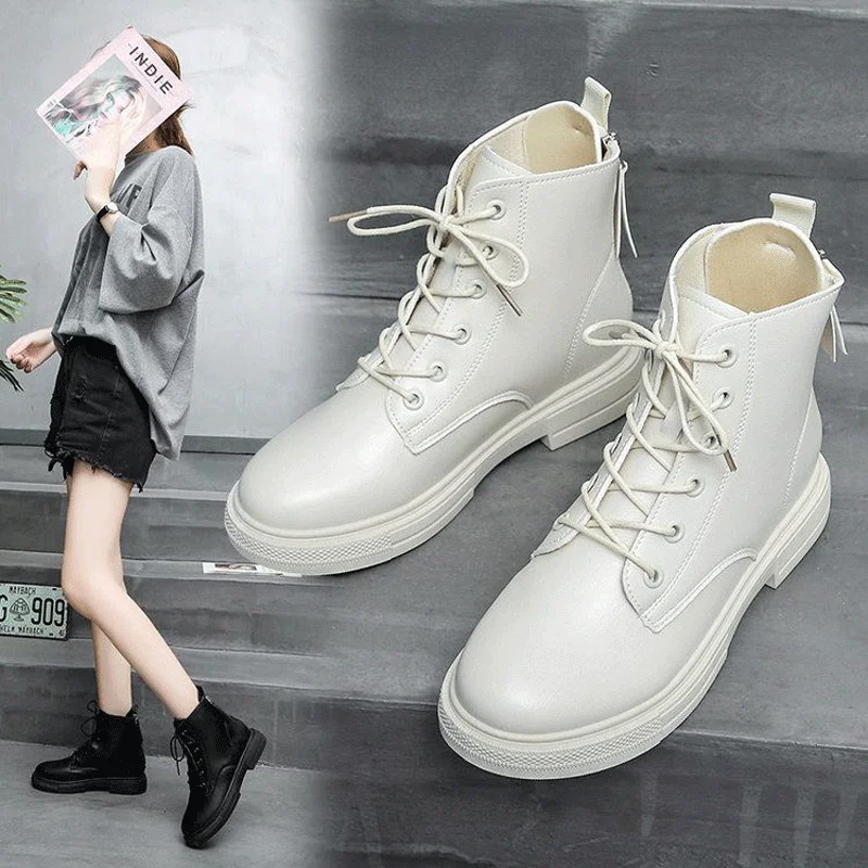 

Women's Boots High Top Zipper White Ankle Boots Female Spring Autumn Winter Shoes Woman Lace-up Black Platform Martin Boots 2021