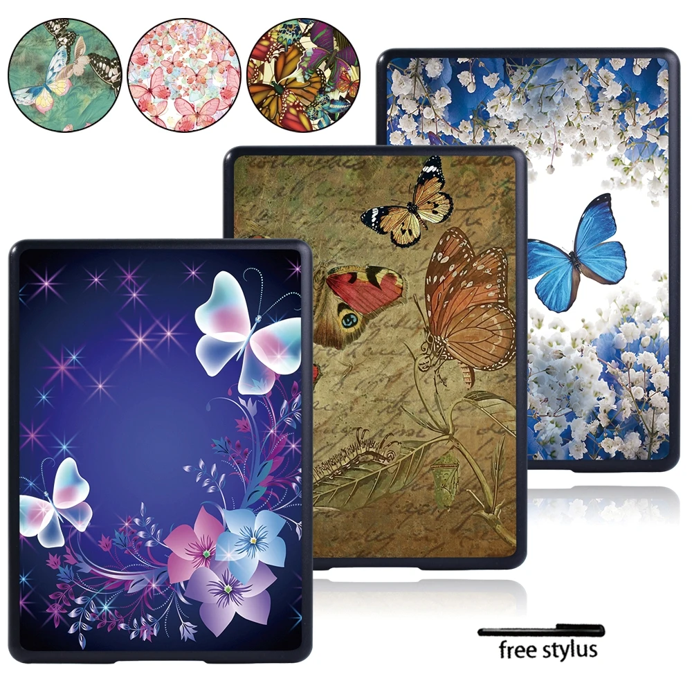 

Чехол для планшета Amazon Kindle 10th / 8th Paperwhite 1 2 3 4, из пластика, тонкий жесткий чехол с изображением бабочки + Бесплатный стилус