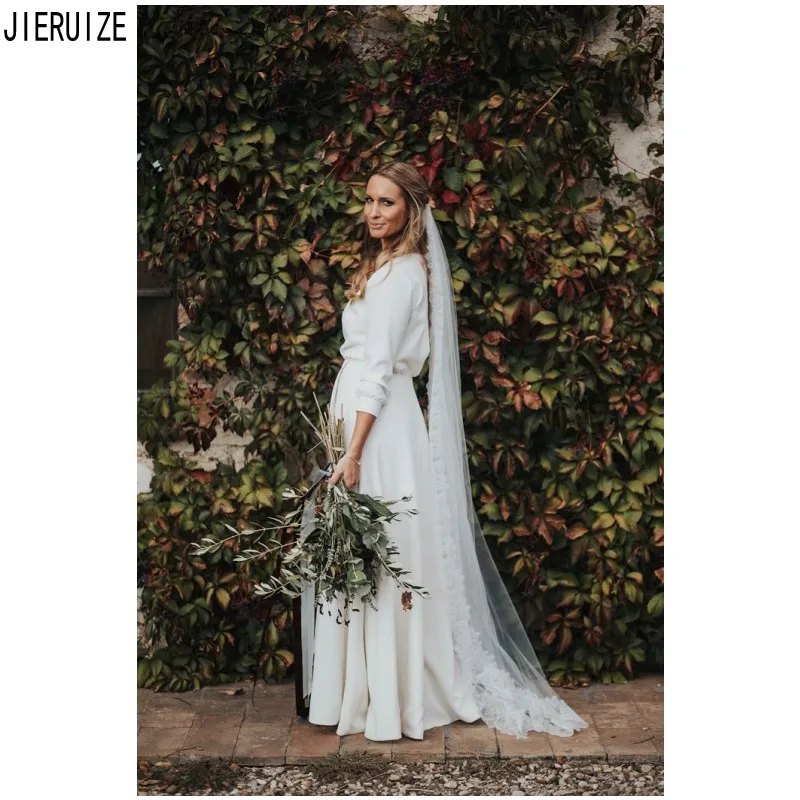 

JIERUIZE Sexy Vintage Wedding Dresses Deeep V Neck 3/4 Sleeves Hollow Back Split Bridal Dresses Wedding Gowns vestido de noiva