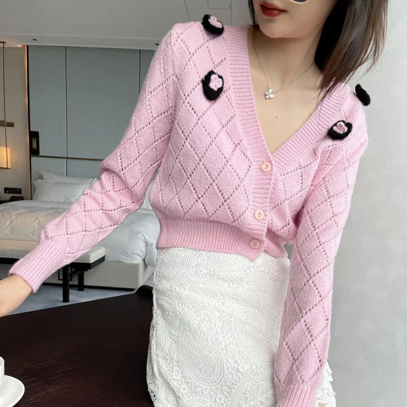 

Женское Короткое трикотажное пальто, розовый облегающий мохеровый свитер с V-образным вырезом и длинным рукавом, с 3D вышивкой и цветами, 2021