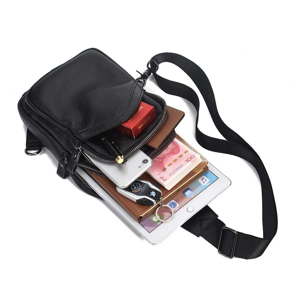

NUPUGOO fashion chest Sport bag Genuine Leather Sport black men Casual trend breast bag hold 7.9 inch ipad External Silt Pocket
