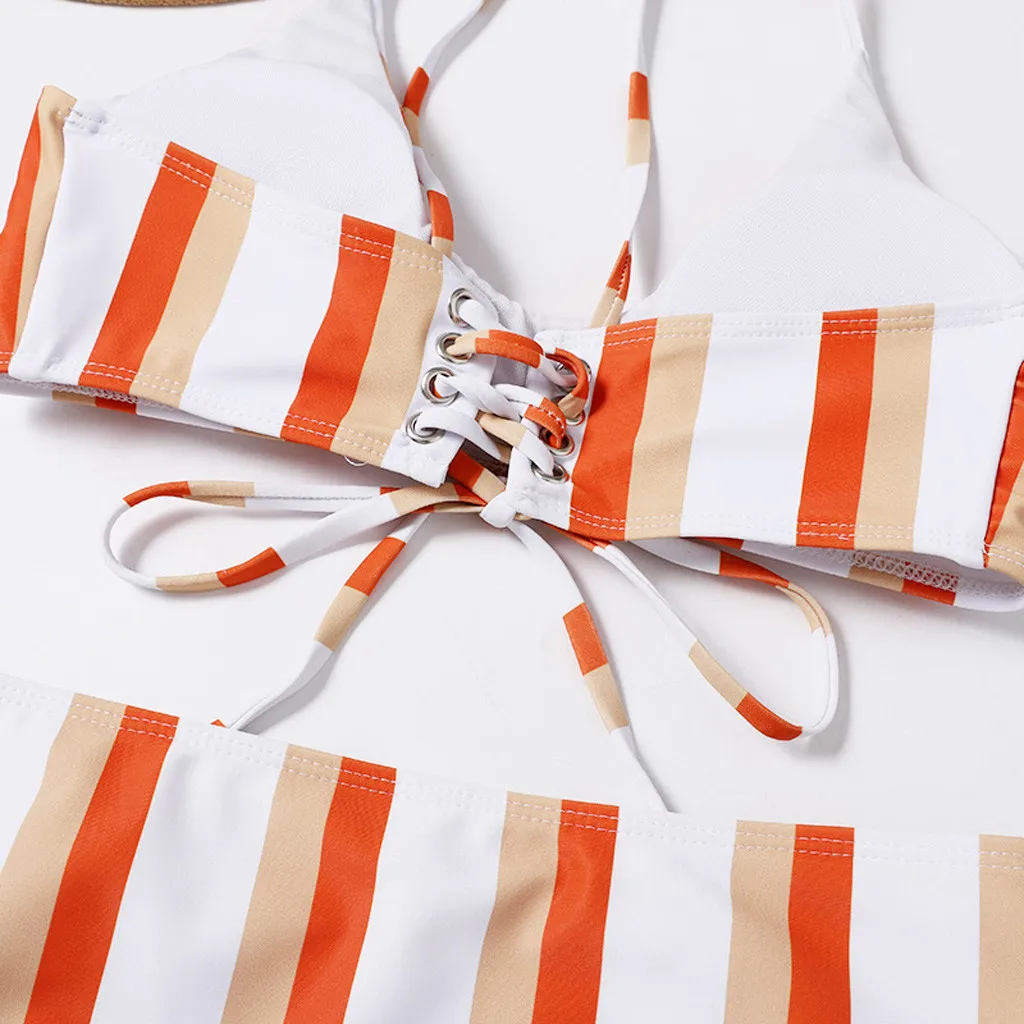 

Sexy High Waist Swimwear Women Striped Push Up Padded Swimsuit Monokini Bikini Sets Female Swimwear Bikinis Bathing Suits