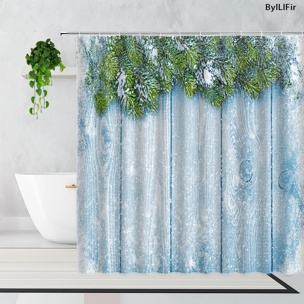 

Winter Snowflake Green Pine Tree Blue Wood Grain Shower Curtain New Year Christmas Bathroom Decoration Bath Curtains With Hooks