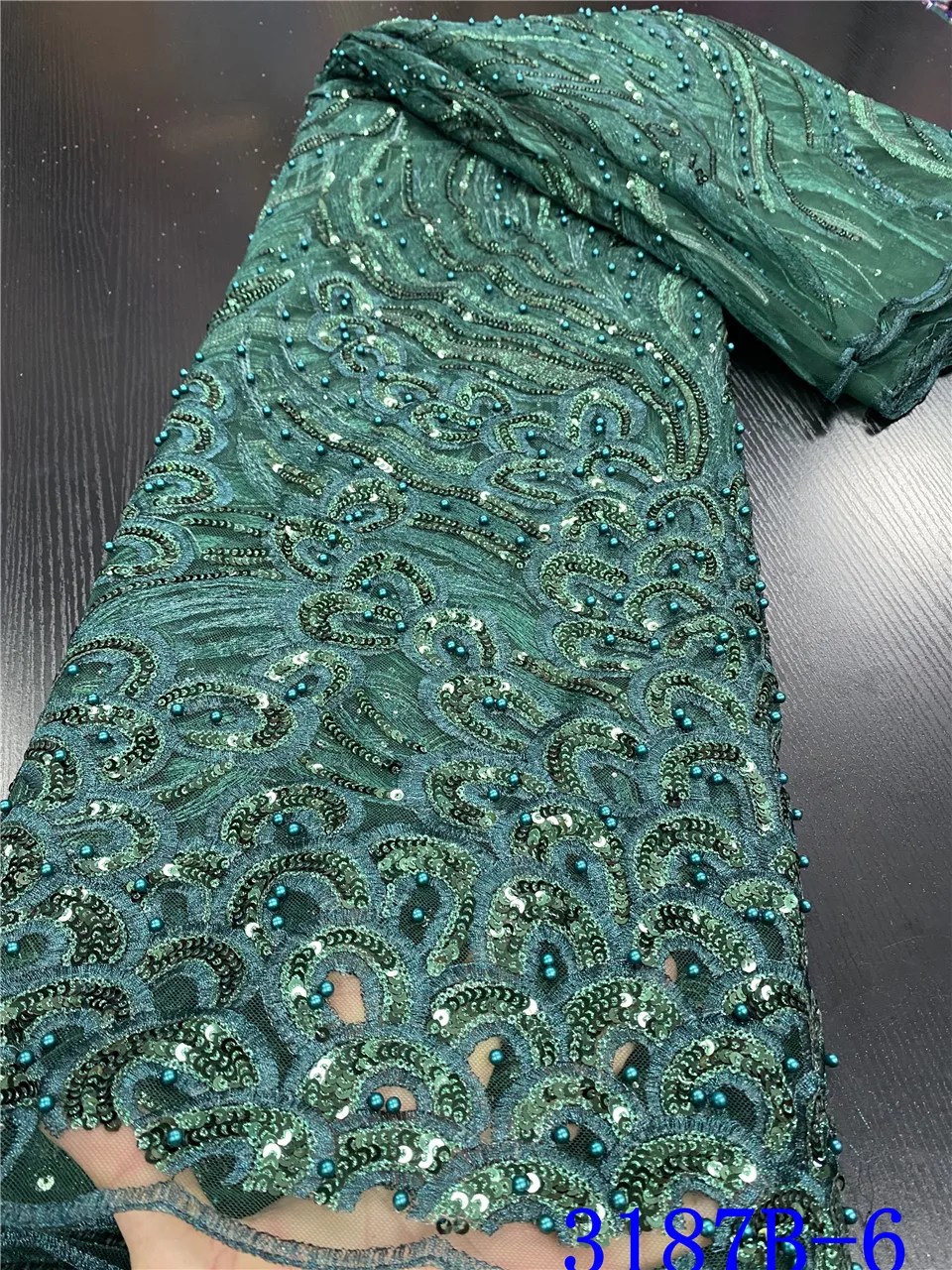 Тюлевая кружевная зеленая африканская ткань с бусинами Высококачественная