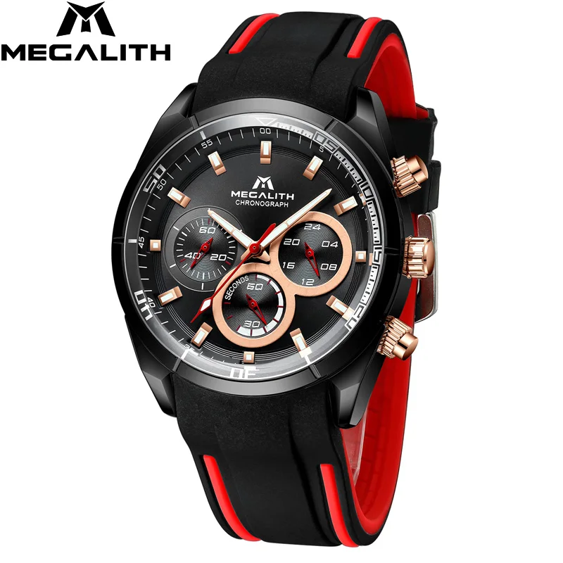 Relogio Masculino MEGALITH спортивный хронограф мужские часы лучший бренд класса люкс кварцевые часы мужские водонепроницаемые силиконовые ремешки для часов мужские - Цвет: black