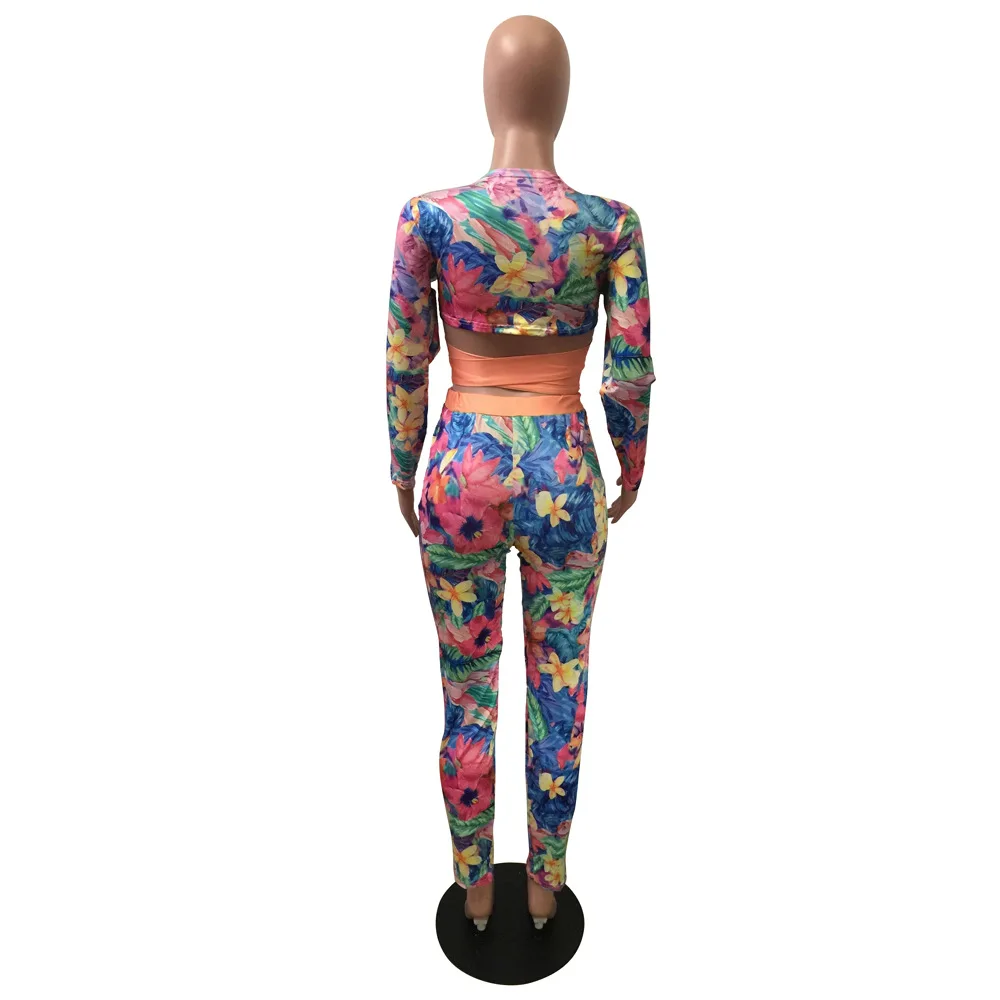 

Autumn Womens Two Piece Casual Clothes Fresh Flower Exposed Waist Pullover Top and Elastic High Waist Trousers
