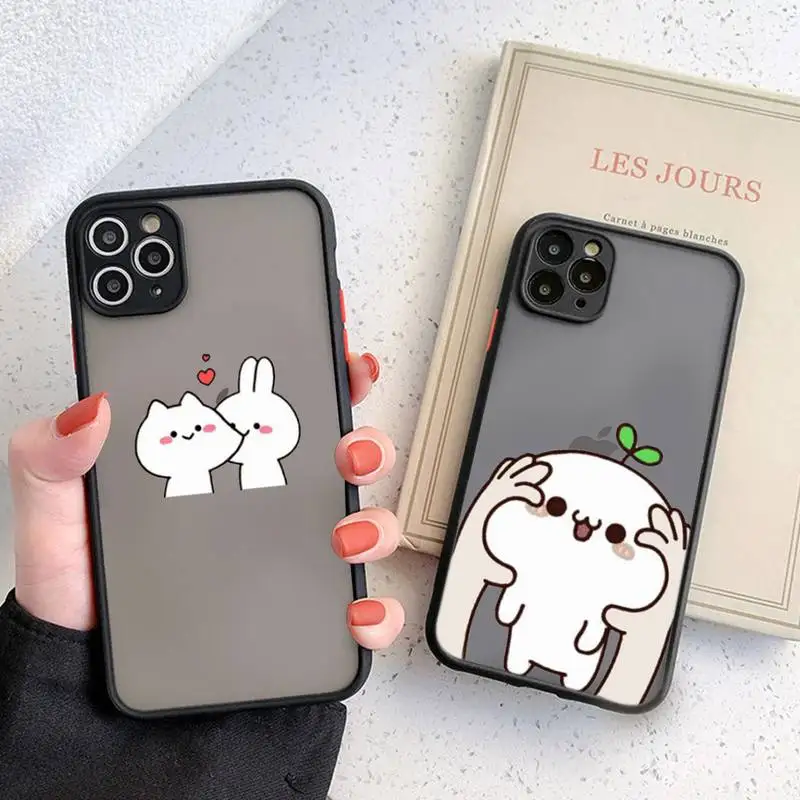

Cute Cartoon Emoticon Rabbit Phone Case Black Transparent Matte For IPhone 7 8 11 12 S Mini Pro X XS XR MAX Plus Cover Shell