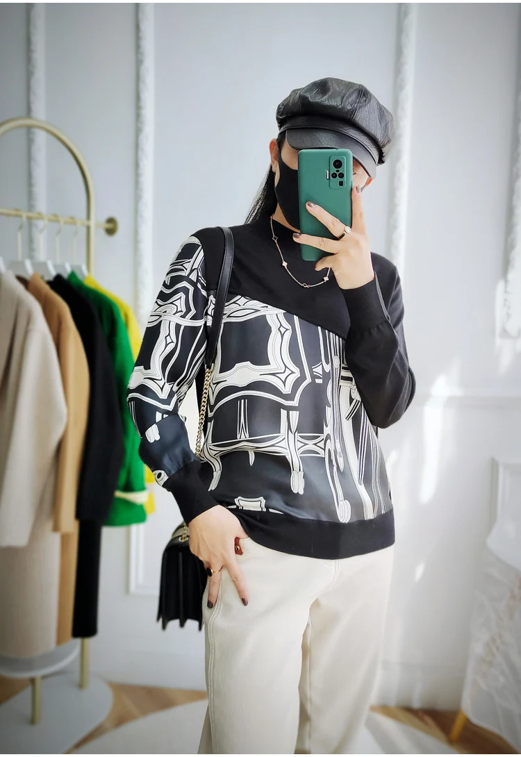 

Женский вязаный пуловер с длинными рукавами, кардиган с принтом из саржевого шелка с заплатками, осень-весна 2021