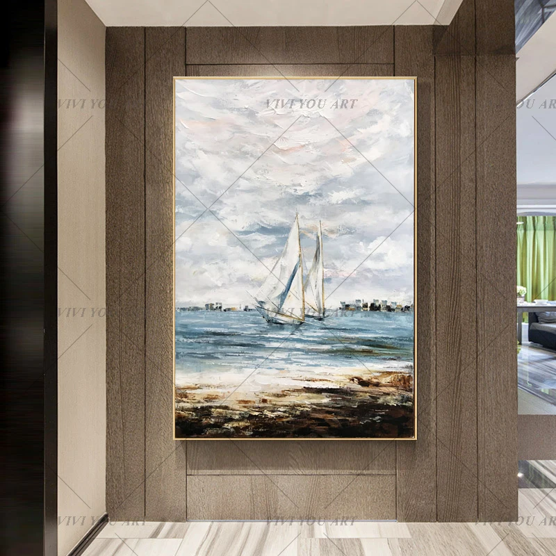

Handpainted Abstract blue sea white sailboat Wall Art Modern Oil Painting on Canvas Artwork Home Hotel Office Decor