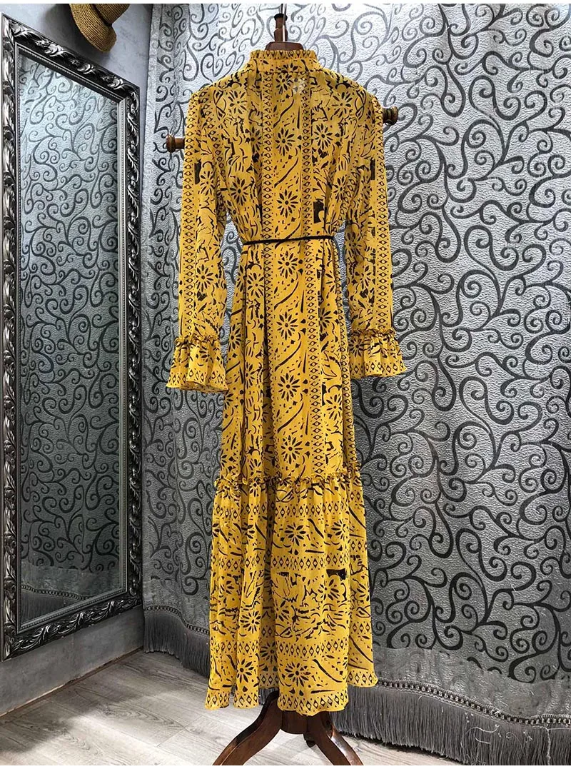 

Newest Fashion Long Dress 2021 Spring Summer Casual Party Ladies Runway Print String Belt Deco Long Sleeve Maxi Dress Yellow