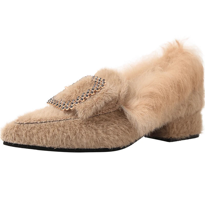 Женская обувь с мехом норки Мокасины острым носком и металлической квадратной