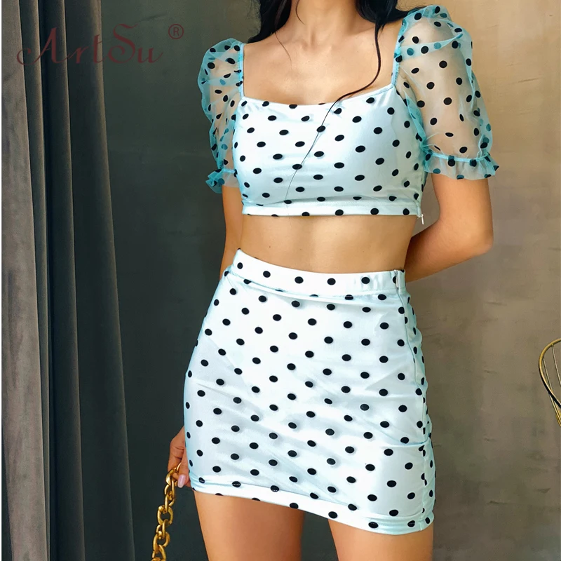 Женский сетчатый топ в горошек ArtSu элегантный голубой и розовый облегающий мини