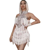 sleeveless white fringes print backless bodycon dress nightclub dance ds show stage wear evening party celebrate outfit