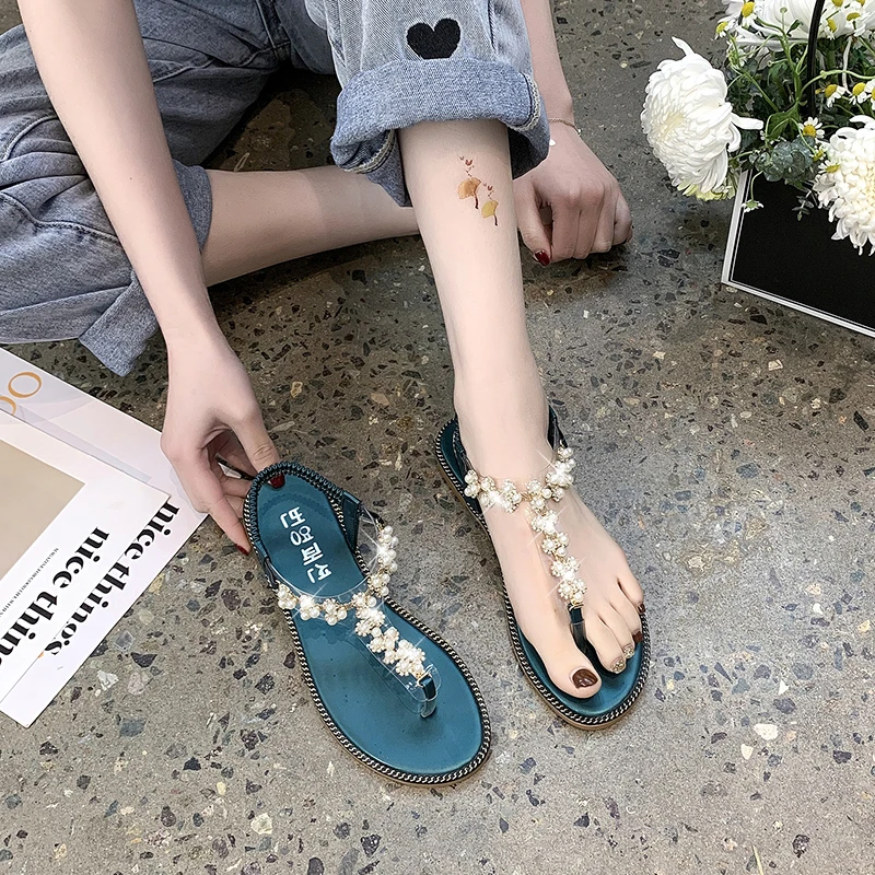 

Rhinestone Sandals 2021 Women's All-Match Low-Heeled Shoes With Strap Suit Female Beige Flip Flops Platform New Comfort Low-heel