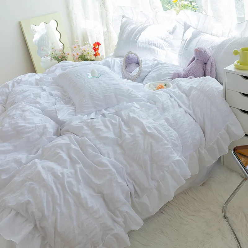 White Ruffled Duvet Cover Set Queen Size Cute Lace Princess Bedding 3/4pcs Vintage Bed Extra Soft Breathable | Дом и сад