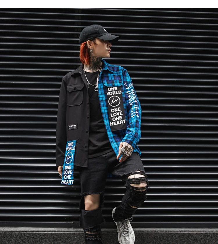 New Western Diablo Style Fashion Individuality Printed Plaid Patchwork Men's Long-Sleeved Shirts Hip Hop Autumn Streetwear Color