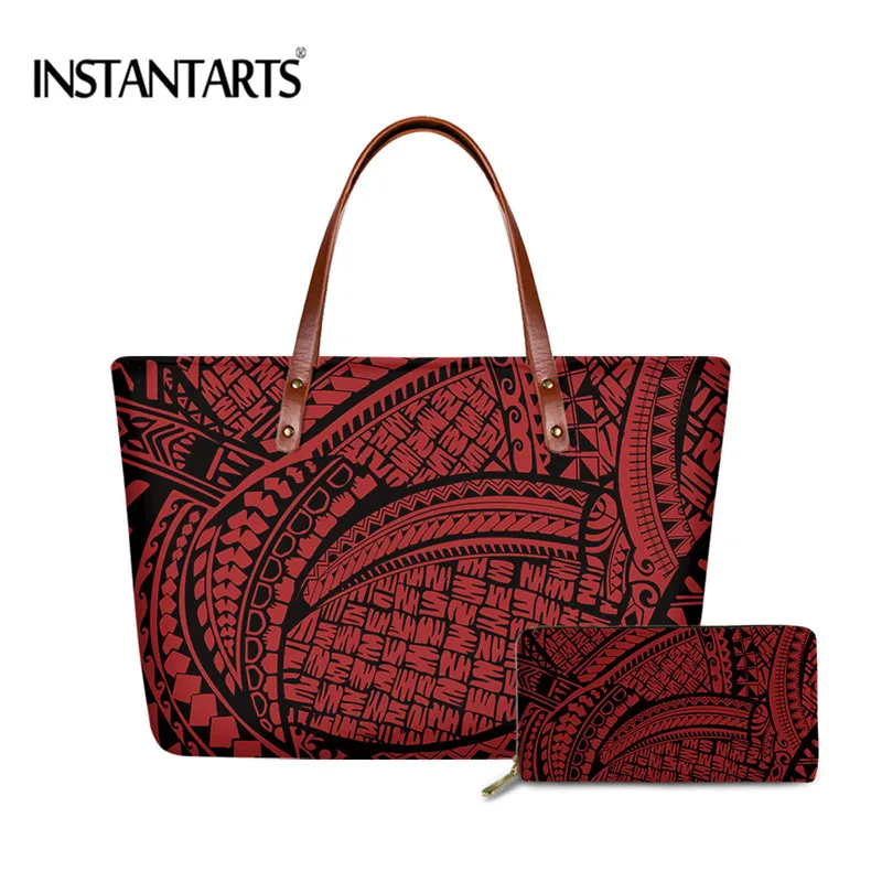 

INSTANTARTS Women Fashion 2pcs Handbag Vintage Polynesian Tribal Print Single Shoulder Bag and PU Wallet Casual Shopping Tote