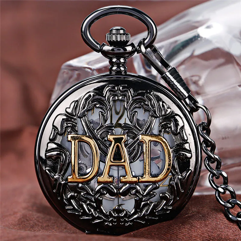 Steampunk Black Hollow Out Case Men's Handwinding Mechanical Pocket Watch Dad Design Pendant Chain Clock Gift To Father Reloj
