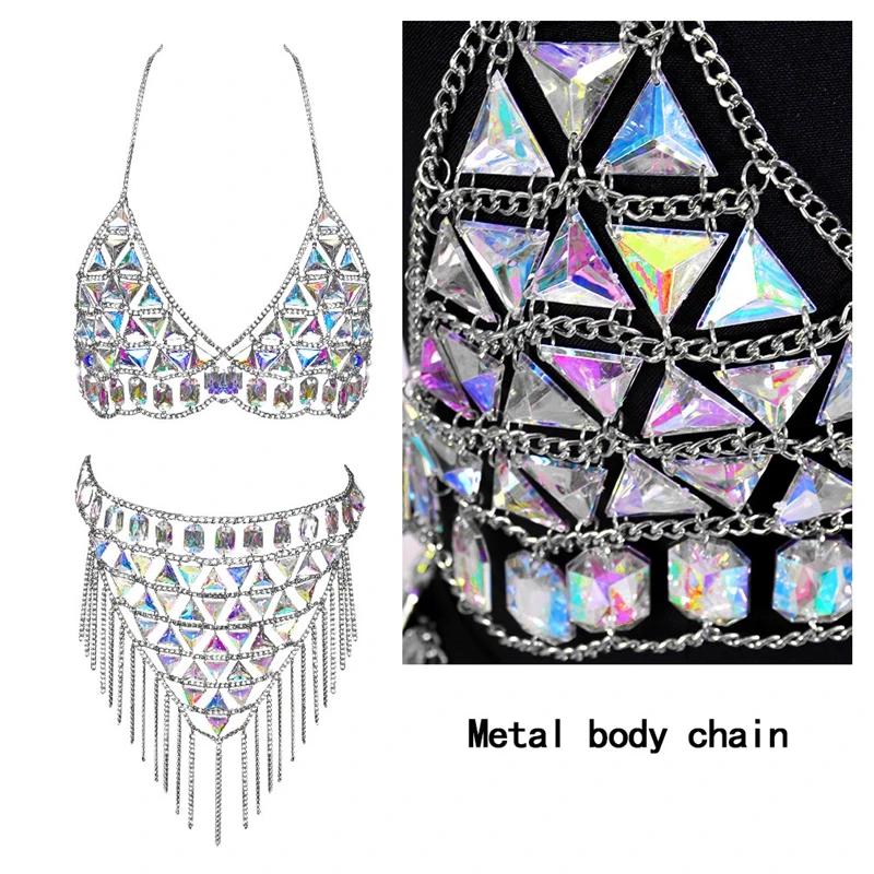 

Goth Elegant Sexy 2 Pcs Set Body Harness Women's Underwear Metal Chain Link Rhinestone Dance Skirt Festival Rave Party Costume