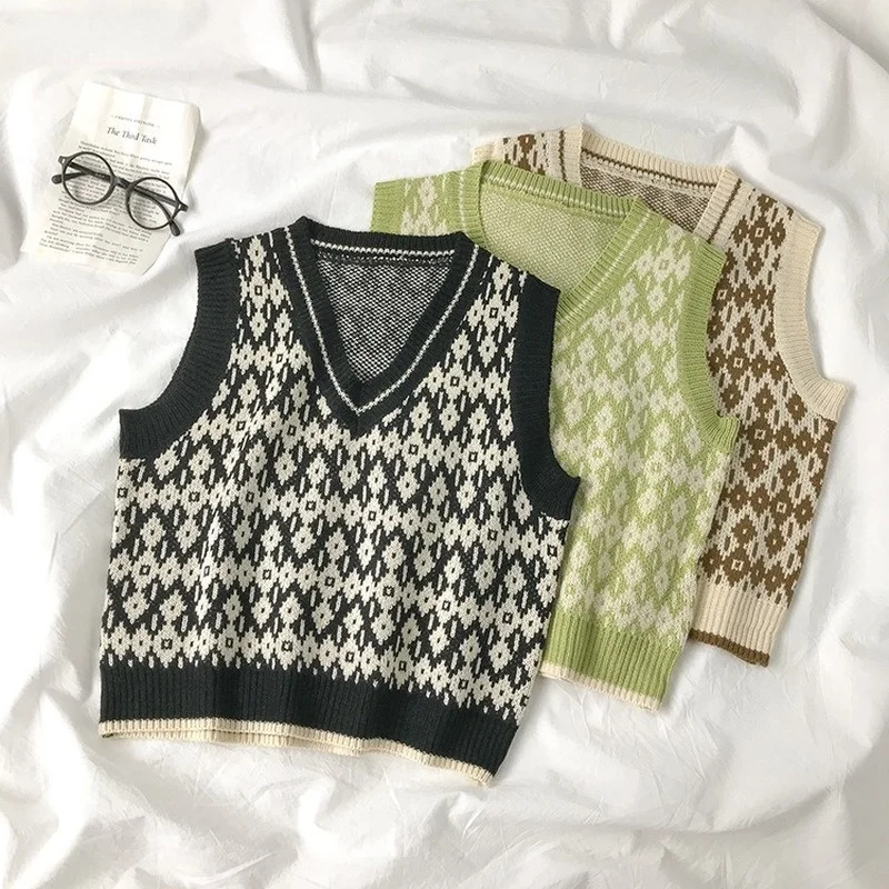 

Sweater Vest Women V-neck Argyle Knitting Korean Style Students All-match Femme Elegant Autumn Fashion Sleeveless Leisure Chic