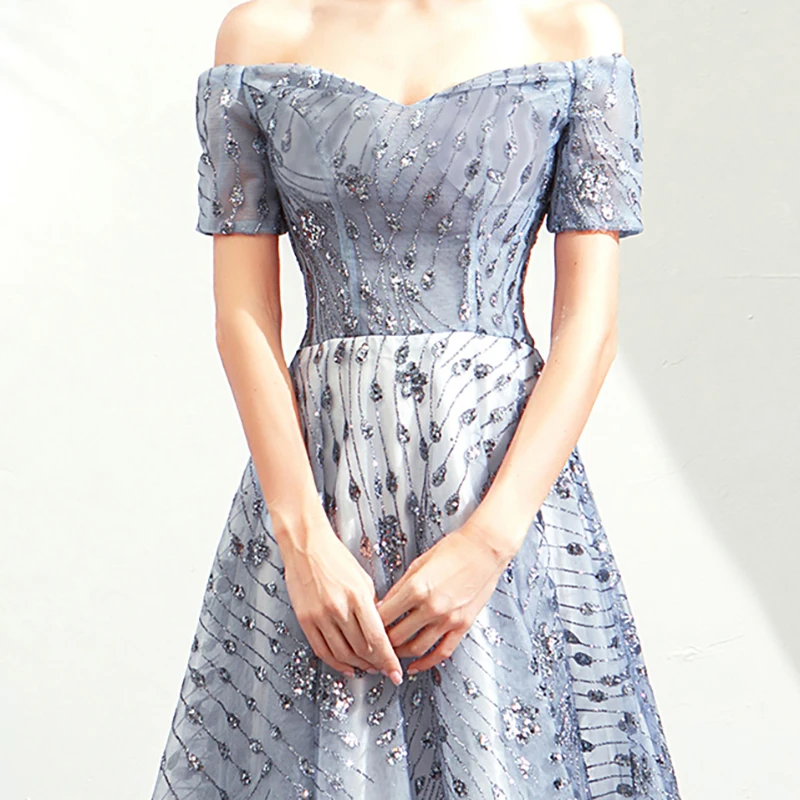 

Luxury Evening Dresses Illusion Boat Neck Off The Shoulder Sequined Short Lace Tulle Floor-Length A-Line Lady Formal Gown TS499