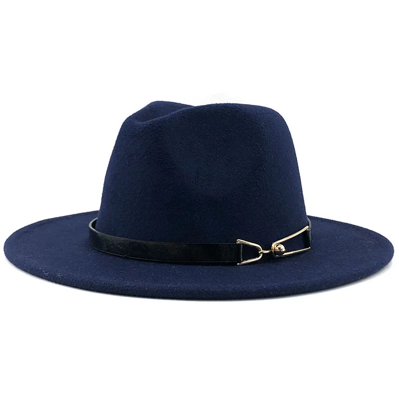 

Women Winter Wide Brim Fedora Hat Black Belt With Metal Buckle Panama Fedoras Fashion Jazz Hat 56-58CM Wholesale