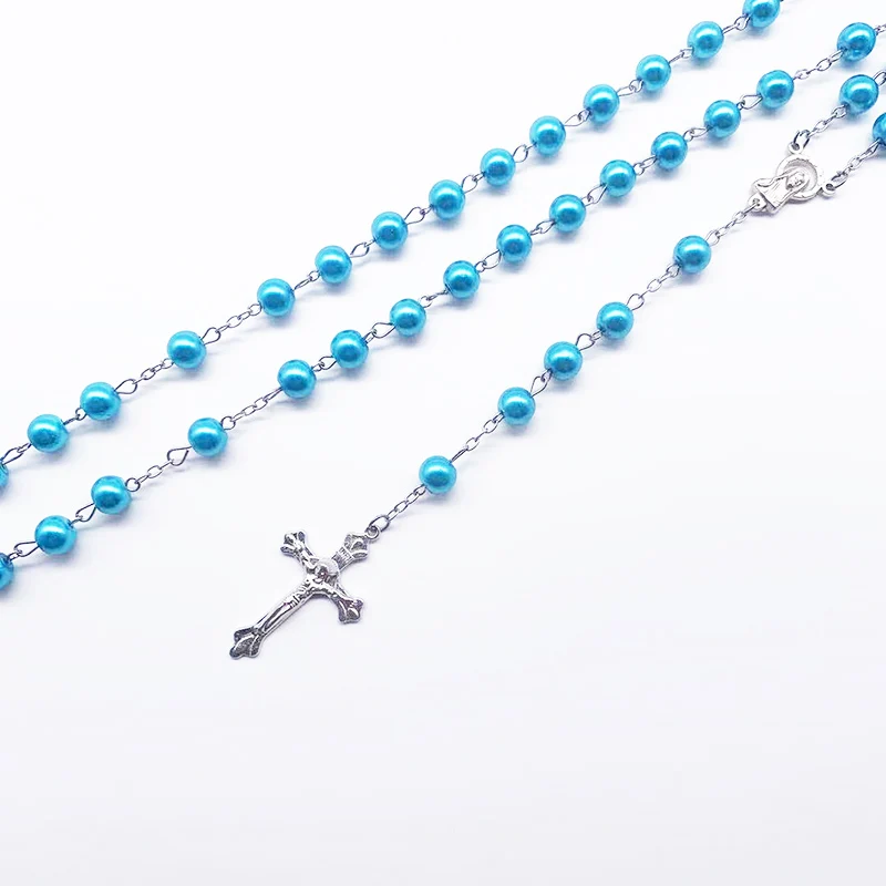 Модное ожерелье с крестом из голубого жемчуга 7 мм верное Молитвенное Девы Марии