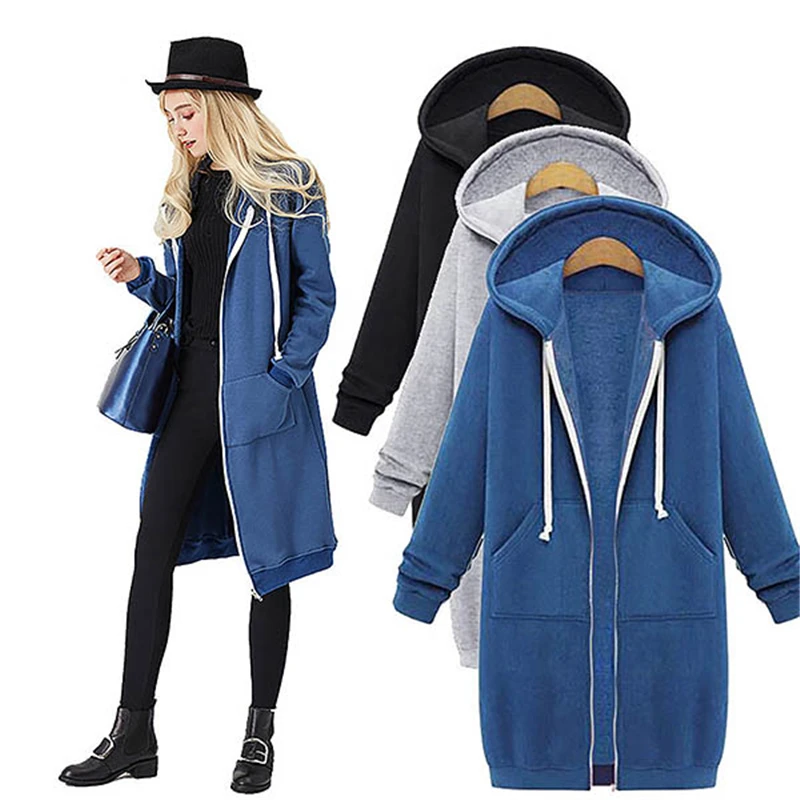 

2021 Casual Women Long Hoodies Sweatshirt Coat Zip Up Outerwears Hooded Jacket Pockets Plus Size Outwear Tops Free Shipping