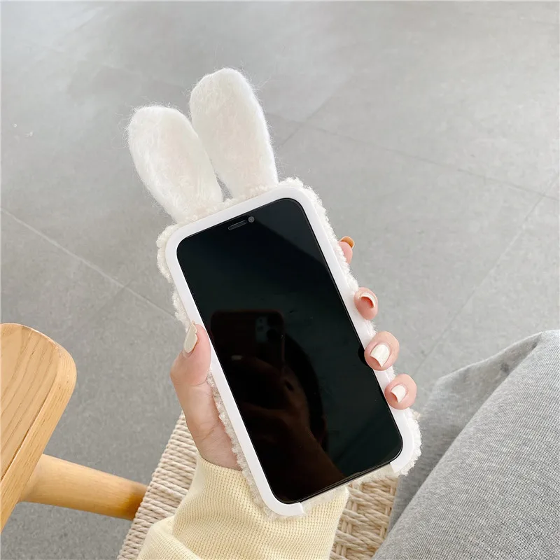 

Rabbit Ears Fleece Phone Case for IPhone, Warm Merino Wool Cover for IPhone XS 12 Mini 11 Pro Max 7 8 Plus SE 2020 X XR
