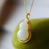 new natural hetian white jade gourd necklace pendant womens simple elegant s925 silver inlaid ancient gold craft
