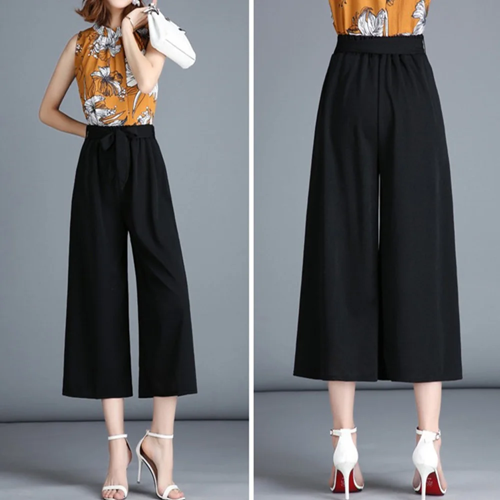 

Vertical stripes casual wide leg pants female summer and autumn new splash ink high waist large size bow tie nine points legging