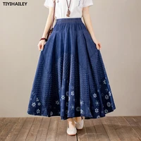 tiyihailey free shipping 2021 long maxi a line skirt women stretch waist spring autumn denim jeans vintage big hem skirt print