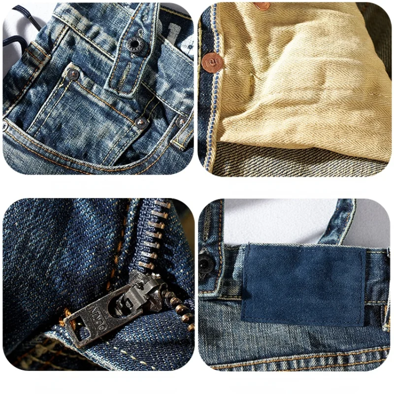 Autumn New Jeans Men 's Straight Tapered Washed Distressed Stretch Suspender Trousers