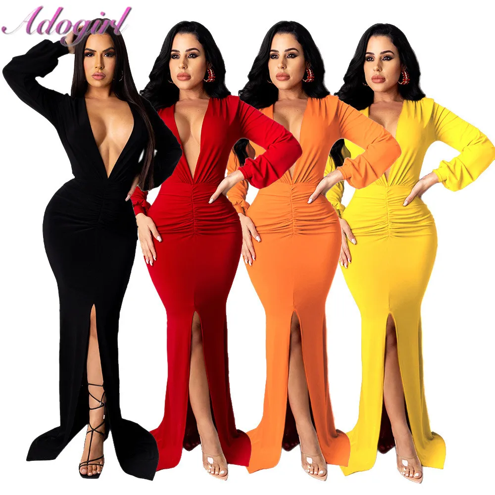 

casual solid Maxi Dress women elegant Deep V Neck Sheer High Slit Floor Length dresses 2021 sexy evening party club vestidos