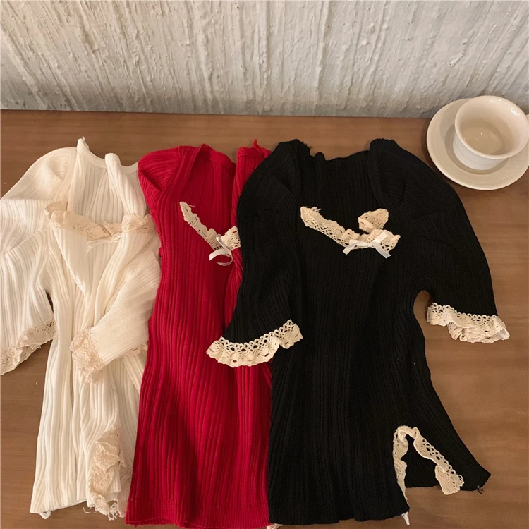

Sweet Lace Slit Knitted T-shirt for Women Ins Trendy Slim Fit Figure Flattering Fashionable Top All-Matching Summer Clothes New