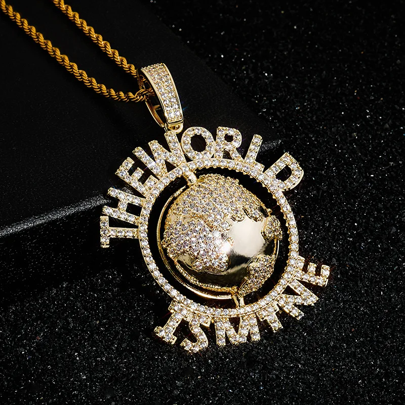 

Iced Out The World Is Mine Letter Pendant Necklace With Hip Hop Bling AAA Cubic Zircon Earth Jewelry Gift For Men