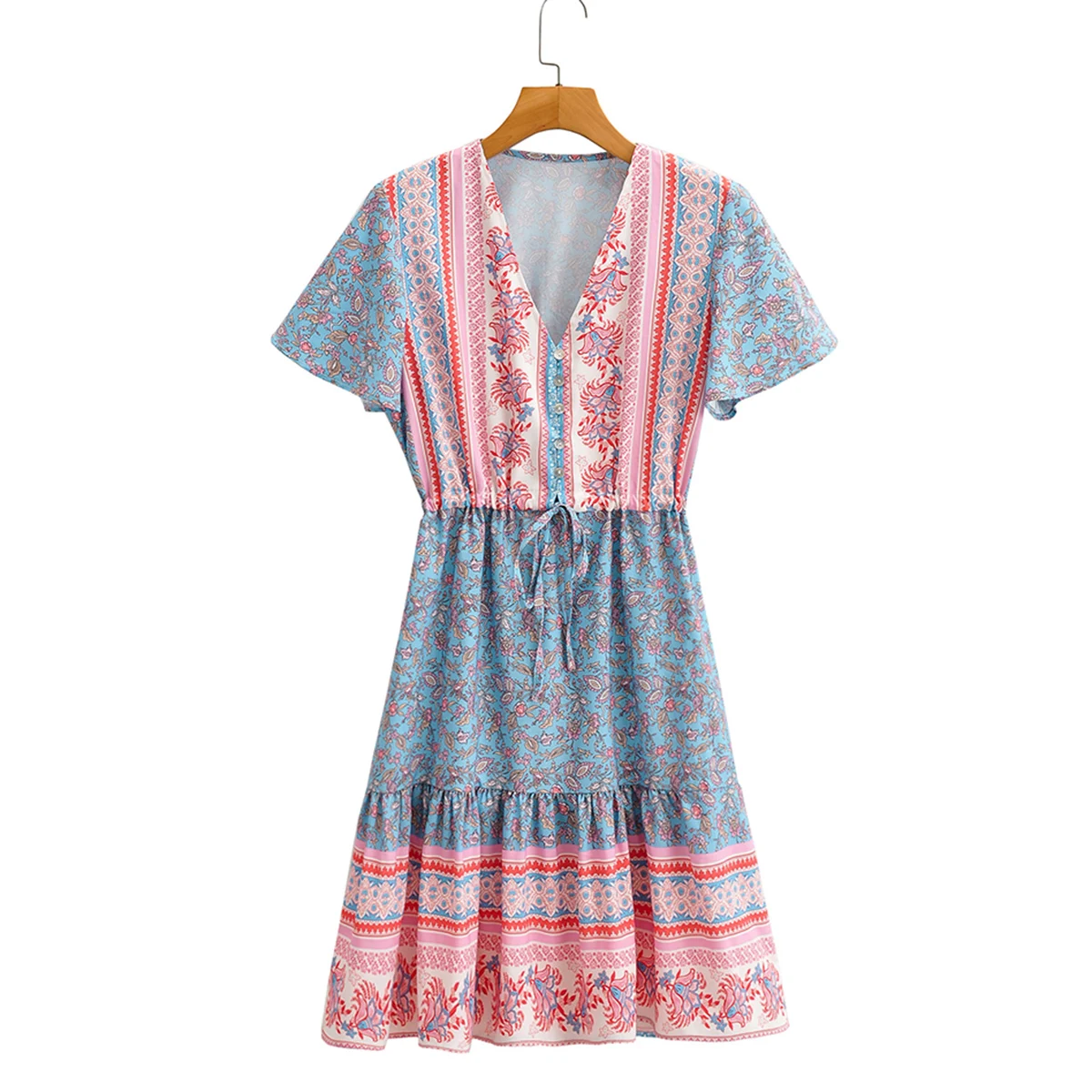 

Jastie Boho Летнее платье миди с цветочным принтом и v-образным вырезом, с рукавом-бабочкой, эластичные платья со шнуровкой и оборками, Повседневн...