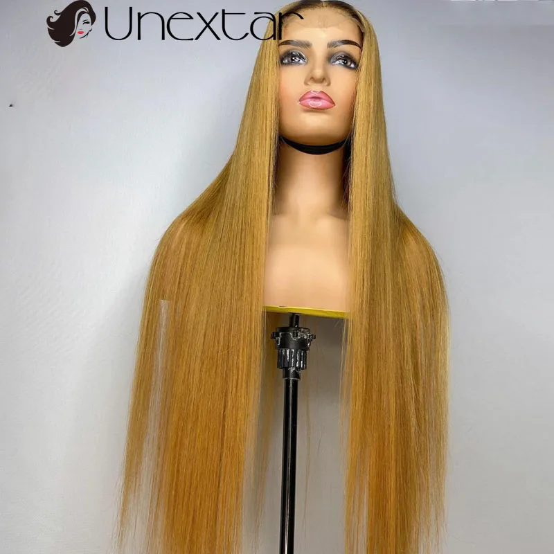 

Unextar Remy Brazilian Human Hair Ombre Color Hair Silky Straight Wig Pre Plucked Hairline Lace Middle Part Wigs For Women