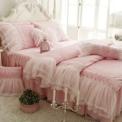 Зимнее теплое флисовое постельное белье Комплект Принцесса коралловый флис мягкий большой гофрированный белый кружевной дизайн пододеяльник сладкий Двухслойное постельное белье - Цвет: Розовый