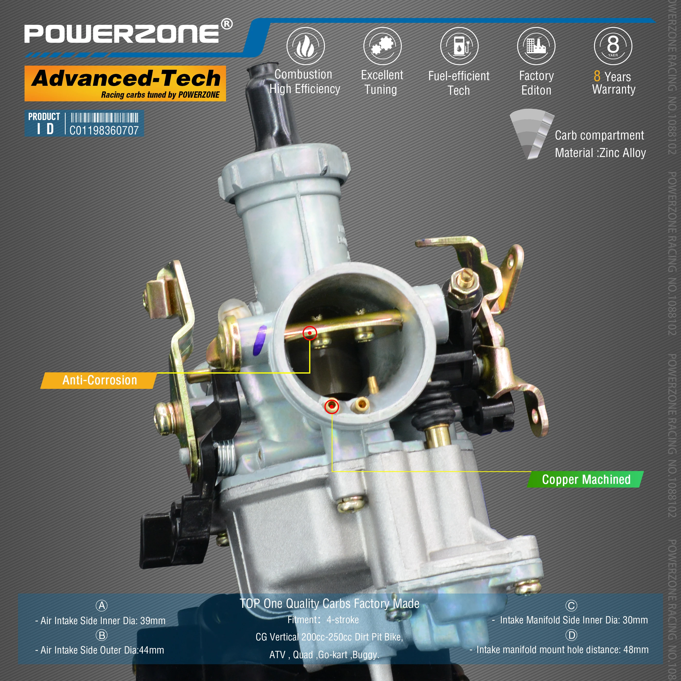 Карбюратор Powerzone PZ30B карбюратор с акселераторным насосом 30 мм CVK для CG Vertical 200cc-250cc