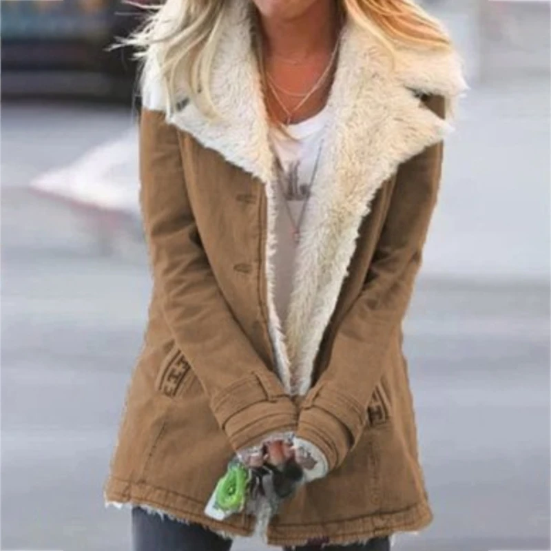 

Women Warm Coats Composite Plush Button Lapels Jacket Outwearcoat Thick Lady Winter Pockets Solid Coats