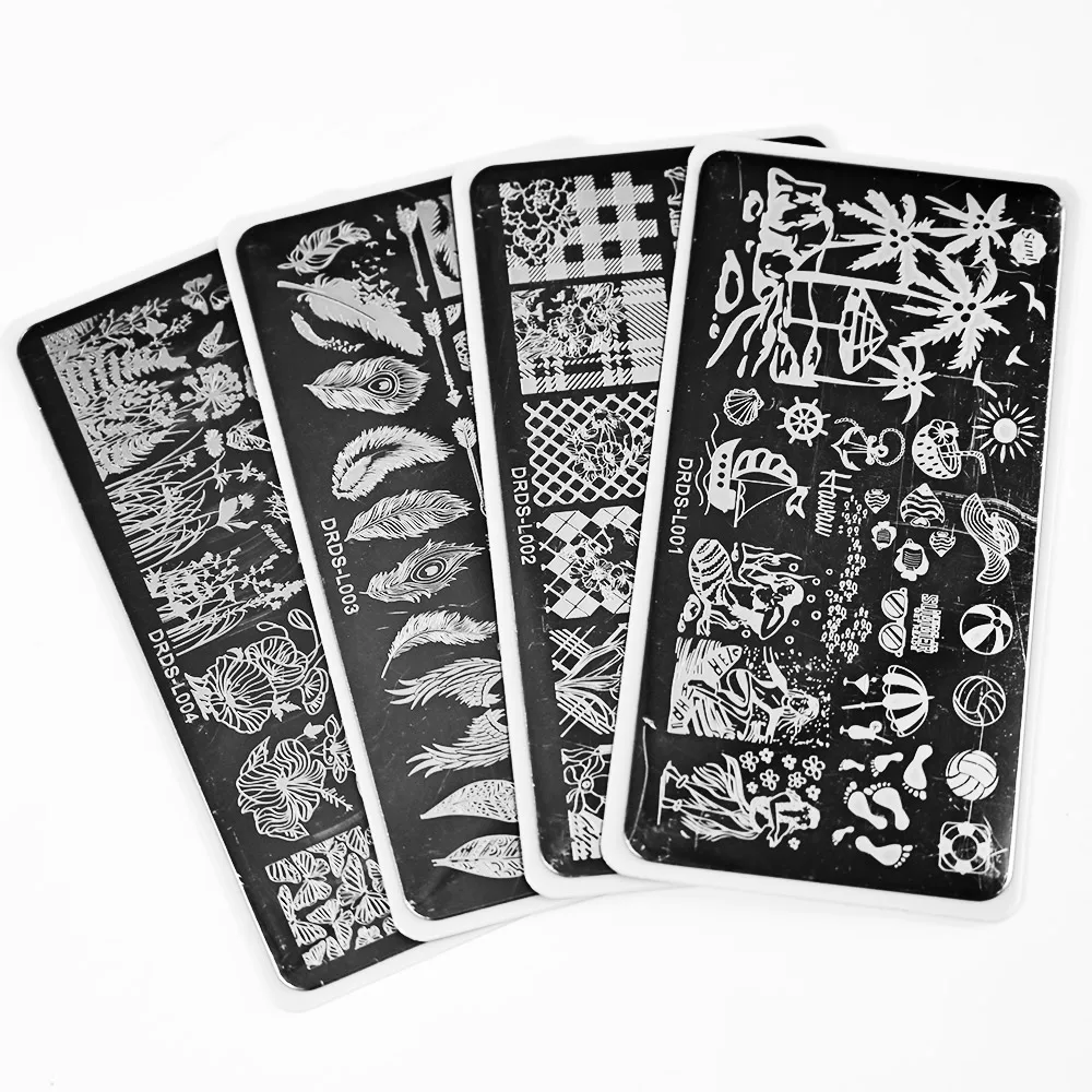 1pcs 6*12cm Nail Art Stamping Plates Animal/Flower/Letter/Feather/Geometry Template Stainless Steel Tools Image Stencil KH-08