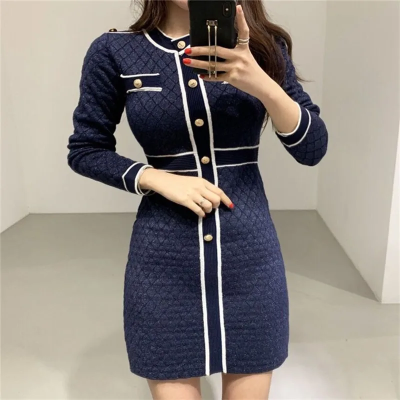 

Runway Spring Fall Korean Small Fragrance Knitting Luxury Dress Women's Hit Color O-Neck Vintage Stripe Sweater Dress Vestidos