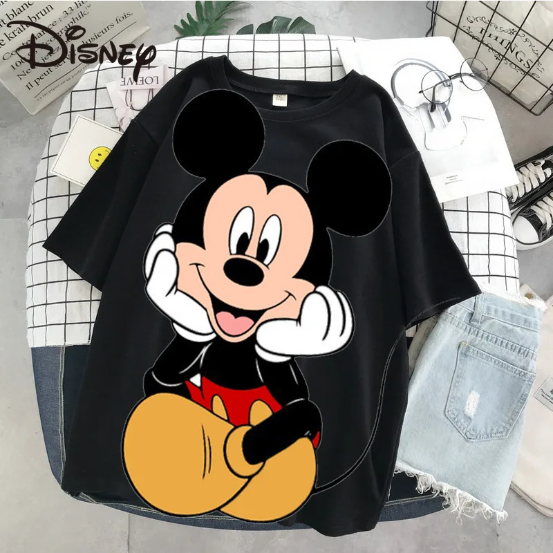 

Disney spring/summer fashion women's round neck top MickeyMouse print loose slim cotton short-sleeved T-shirt Youthful vitality