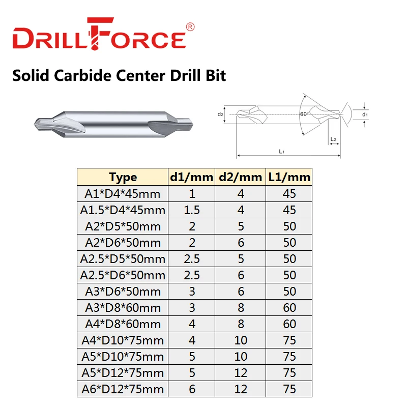 Drillforce 1 шт. A1 A6 твердосплавные центральные сверла набор сверл типа Зенковка фаска