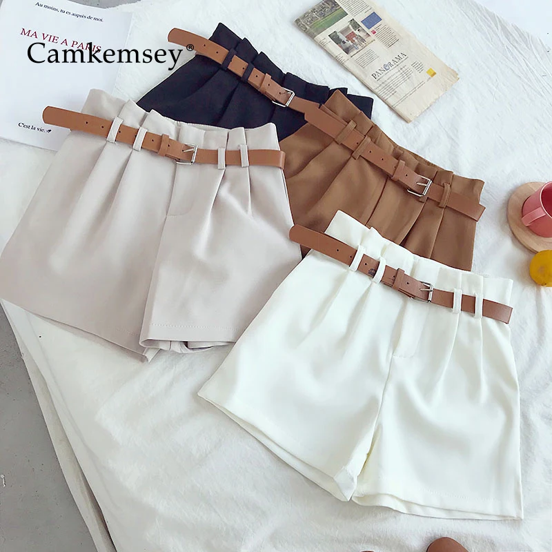 

Disney Korean Brief Design White Suit Shorts For Women 2020 Fashion Solid High Waist Wide Leg Shorts With Belt 5 Colors