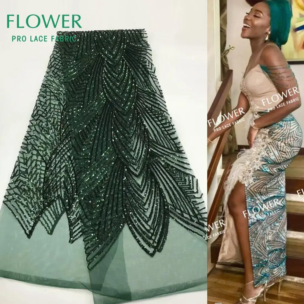 

Elegant Style Sequined Lace Fabric In Green 2019 Latest Fashion African French Sequins Mesh Laces For Women Dress Tulle Material