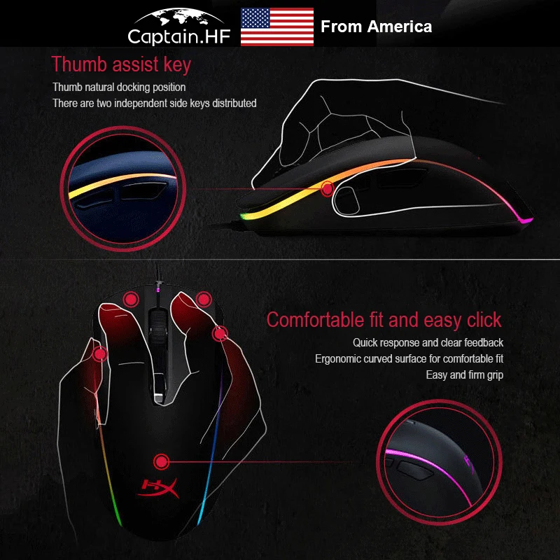 US Captain Профессиональная Игровая Мышь Hyper X Pulsefire Surge RGB Регулируемая DPI Работающая с