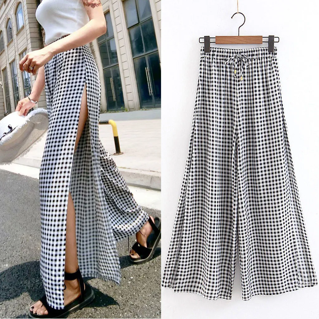 Модные женские широкие брюки с высоким разрезом клетчатые на шнуровке Боковым